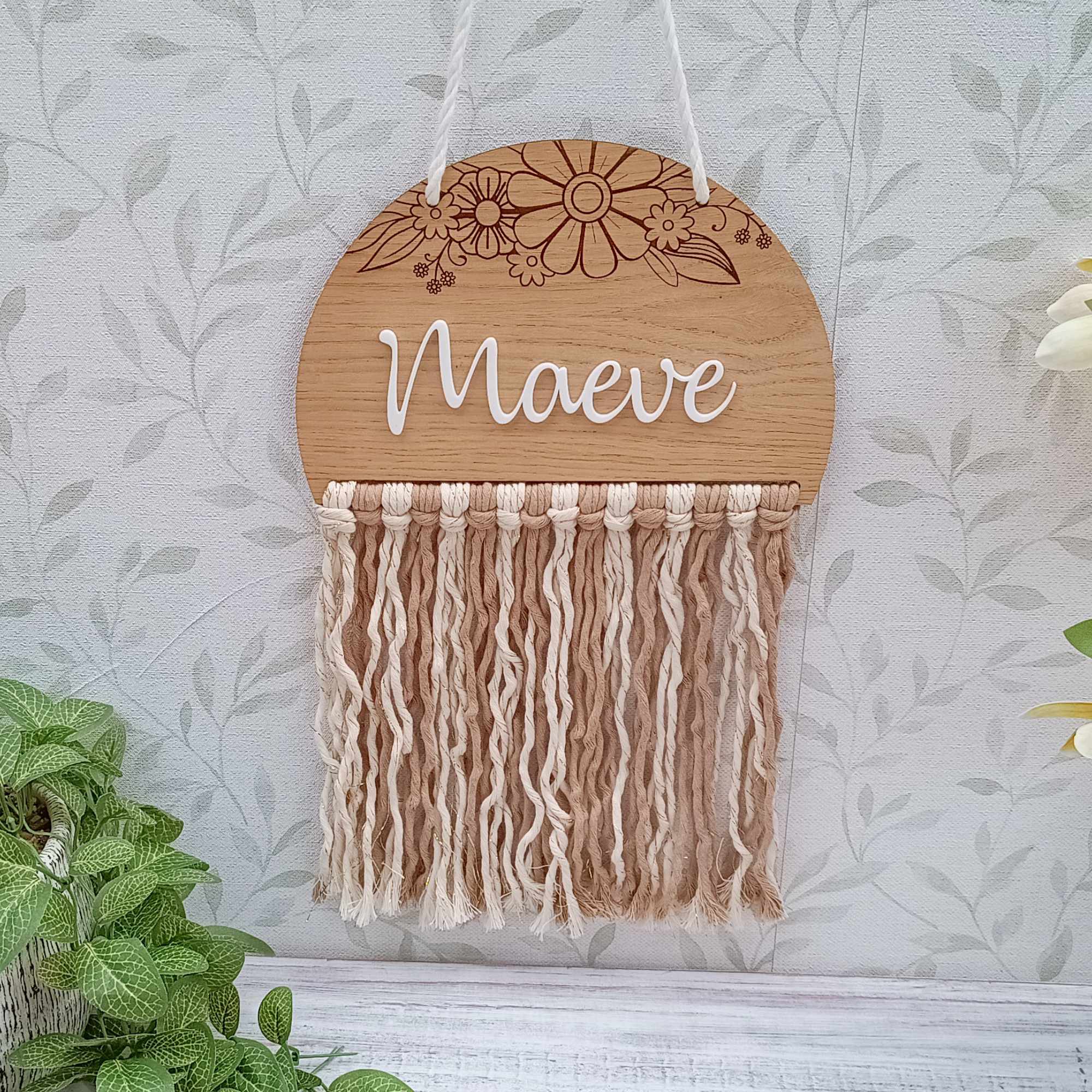 Personalised Macrame Floral Engraved Wall Hanging